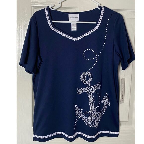 ALFRED DUNNER WOMEN'S Small Floral Anchor Embroidery Short Sleeve Top - Picture 1 of 5